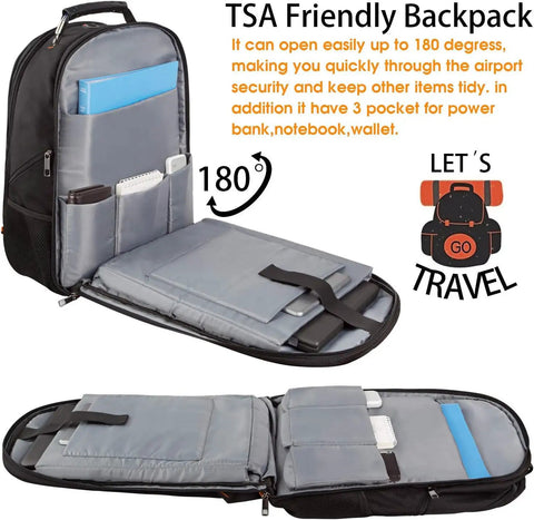 Extra Large Travel Laptop Backpack For Men And Women TSA Friendly Heavy Duty Workhorse Backpack open to show compartments and pockets