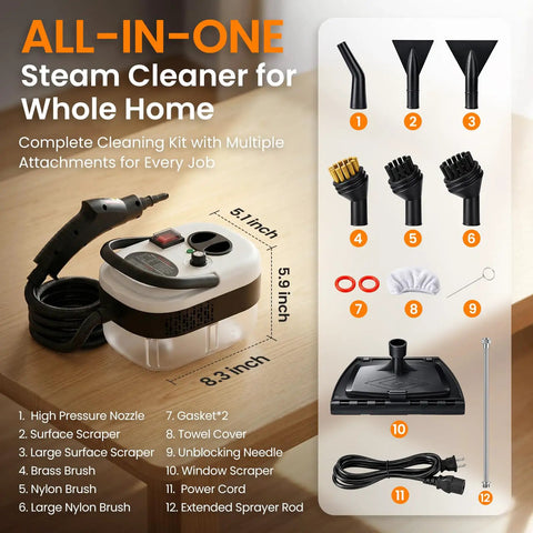 Easywox 2500w Handheld Steam Cleaner Gun With 40.6oz Tank showcasing attachments on a wooden table with dimensions.