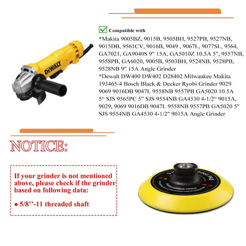 5 Inch Hook And Loop Backing Pad For Grinder With 5 By 8 By 11 Threads, Yellow Sanding Pad Attachment Next to Compatibility List