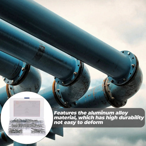 140 Piece Aluminum Alloy Blind Rivets Kit With Dome Head Pop Rivets and industrial pipes in focus