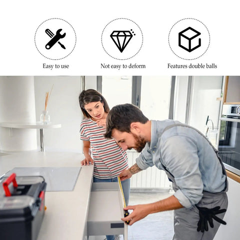 Man measuring cabinet with woman watching, illustrating easy install of 20 Piece Cabinet Door Latch Double Roller Catch Set With Cold Rolled Steel Construction