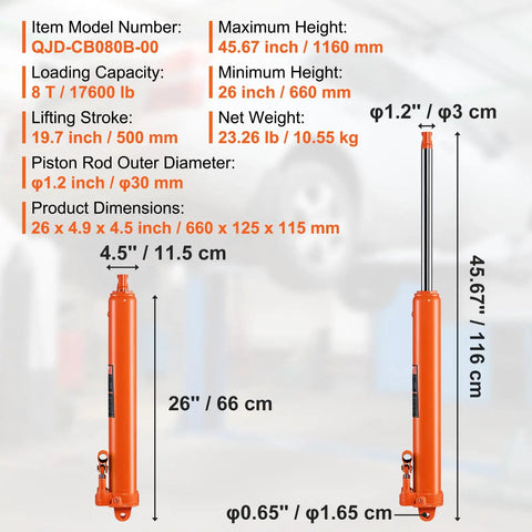 8 Ton Hydraulic Long Ram Jack For Engine Hoists And Cranes, Heavy Duty Hydraulic Ram Cylinder With Double Piston Pump