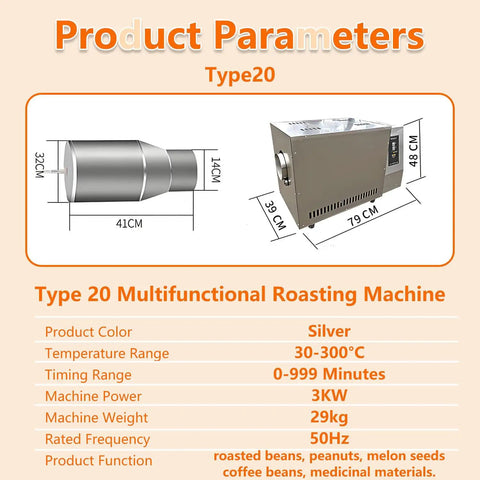 Type 20 multifunctional roasting machine dimensions and specifications, silver, 30x30x48cm, for coffee and nut roasting.