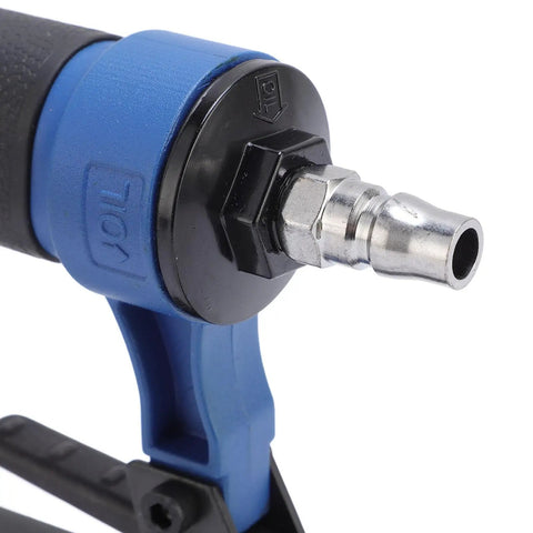 Close-up of Pro Grade 20 Gauge Pneumatic Brad Nailer Featuring Zero Jam Nozzle and air connector for woodworking.