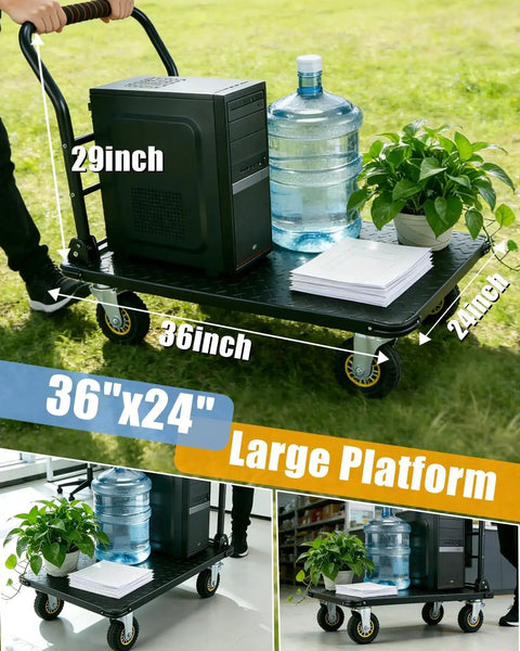 Heavy Duty 1800 Lb Capacity Platform Workhorse Cart With 36 By 24 Inch Platform 6 Inch Swivel Wheels With Brakes Foldable Hand Truck For Groceries Garage Warehouse Black carrying items