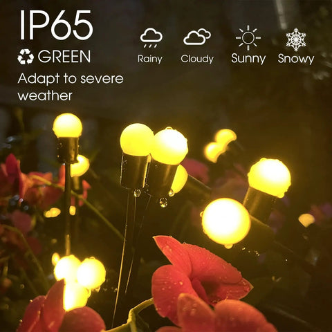 Solar Garden Lights Firefly String Set With Flexible Iron Wire, illuminating in garden, weather symbols, IP65 rating shown