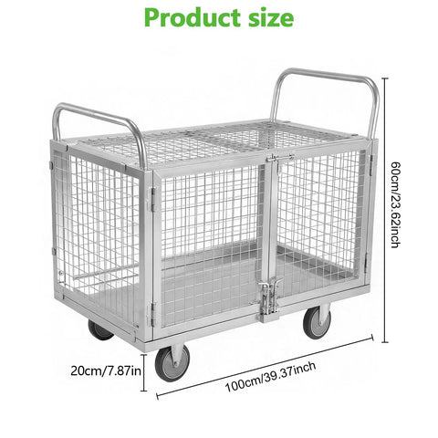 Heavy Duty Convertible Utility Cart 7 In 1 Rolling Platform Truck With Secure Cage Enclosure 2000 Lb Capacity steel frame with measurements.