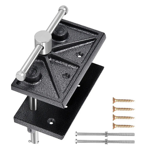 Heavy Duty Woodworker Vice Bench Clamp With Smooth Gliding Rails For Precise Clamping Tasks And Rock Solid Desktop Workbench Holding Power, close-up of black high carbon steel clamp with screws.