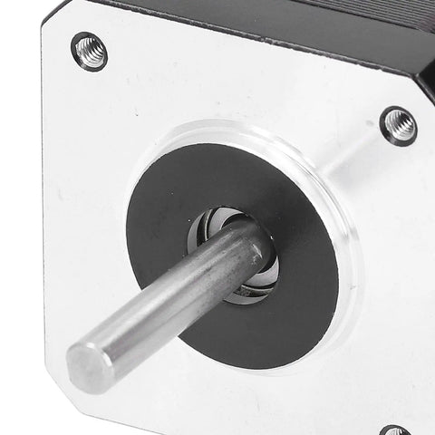 Close-up of Low Noise Two Phase Stepper Motor for 3D Printers with beefy torque, carbon steel build, and durable design.