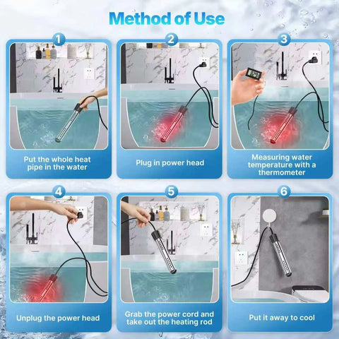 Method of Use for Heavy Duty 2000W Portable Water Heater Rapid Immersion Stick demonstrating setup and temperature measurement.