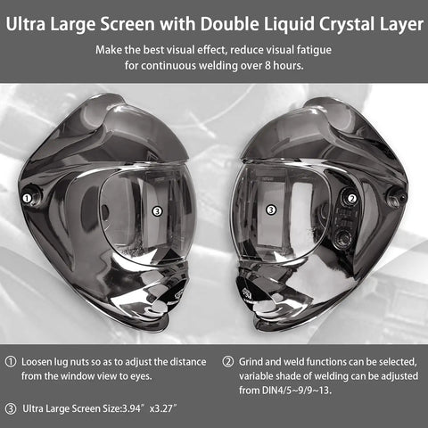 Auto Darkening Welding Helmet With Solar Power True Color Display Large Viewing Window Four Arc Sensors Wide Shade Range 4 To 5 9 To 9 13 Welder Mask For Pro Welders, side and front view
