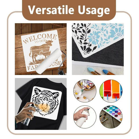 Image showing versatile usage of Camping Stencil For Painting 11.8 Inch Square Reusable RV Mountain Tree Template