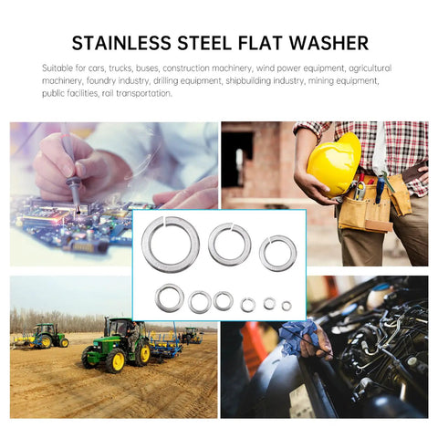 Stainless Steel Spring Lock Washer Kit M2 To M10 600 Piece Assortment For Heavy Duty Industrial Grade Machinery Mechanical Repair And Vibration Resistant Fastening displayed with washers and industrial images.