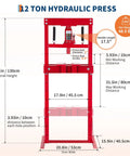 Built Tough As Nails 12 Ton Floor Shop Press Featuring Straight Shot Hydraulic H Design with detailed measurements and specifications.