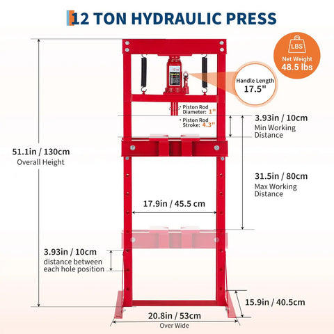 Built Tough As Nails 12 Ton Floor Shop Press Featuring Straight Shot Hydraulic H Design with detailed measurements and specifications.