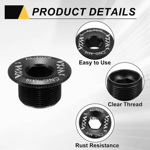 Two Pack M19 Aluminum Crank Screws for Mountain and Road Bikes, Lightweight Crank Fixing Bolts with product details showing thread