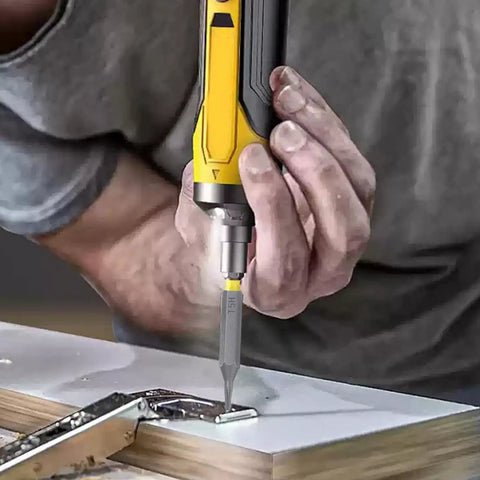 Premium T5 Torx Screwdriver Bits featuring A 28mm Short Hex Shank Design For Versatile Drill Compatibility And Ergonomic Control Making This 5 Piece Kit The Ultimate Go-To Tool For Any DIYer Or Professional Handyman Needing Serious Grip And Precision On, T5 bit in drill driving a hinge screw