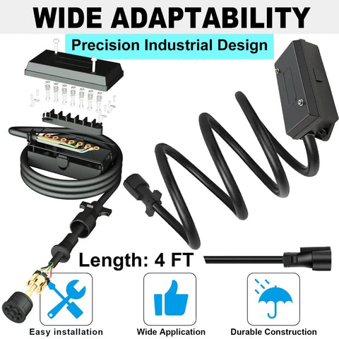 Heavy Duty 7 Way Trailer Wiring Harness Kit With 4 Ft Braided Cord And Easy Hook Up Junction Box For RV Camper Trailers And No Sweat Towing Adventures, includes junction box and plumbing.