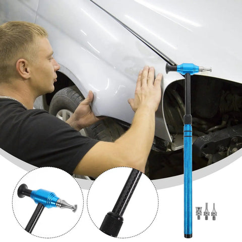 Pro Grade Multi Head Paintless Dent Removal Hammer Kit being used on a car panel for smooth finish repairs with alloy tips.