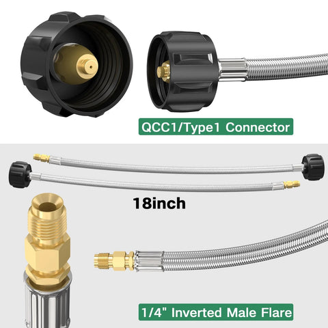 Front view of a 2-stage LP propane regulator with two 18-inch braided hoses and 1/4in inverted male flare fittings