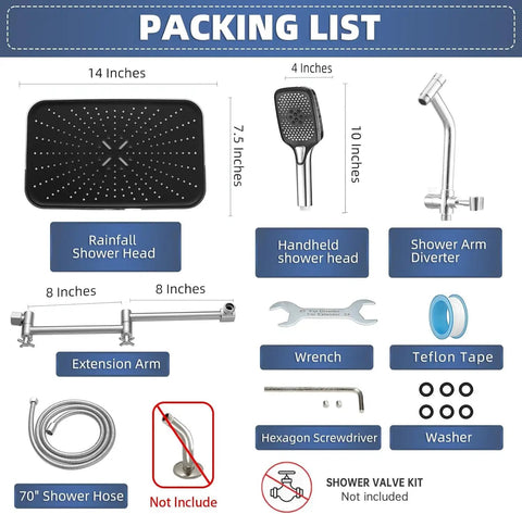 Real Deal 14 Inch Rain Shower Head With Lower Handheld Control And Sleek Chrome Finish Features Heavy Duty Brass Hardware For Epic Full Body Coverage Plus Zero Sweat Hook Up Design packing list with parts and accessories.