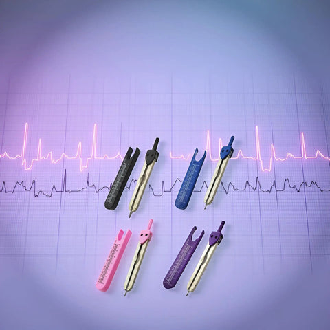 Purple EKG Calipers With Built In Ruler, Dead On Accuracy For Electrocardiogram Measurements, various colors displayed.
