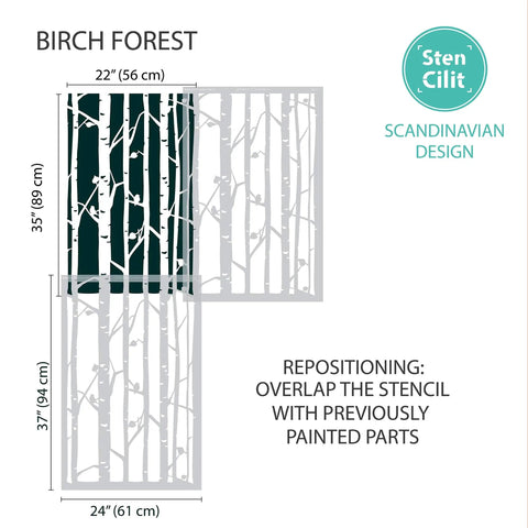 Birch Forest Wall Stencil XL 24x37 In For Large Pattern Painting, Tree Stencil Set shown overlapping for seamless design.