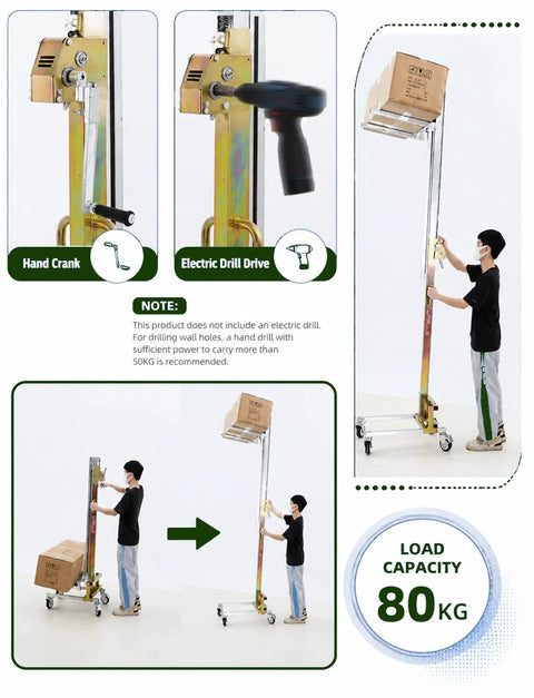 Compact Material Lift Stacker With Manual Winch Forklet Offers Easy Heavy-Duty Lifting For Small Loads Up To 80kg in use with hand crank.