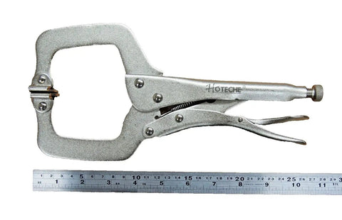 No Sweat Grip Locking C Clamp Pliers Set Of Four 11 Inch Swivel Jaw Welding Clamps with quick release trigger, drop forged steel.