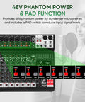 Eight Channel Audio Mixer Console For Pro Sound With 99 DSP Effects Seven Band EQ USB And Bluetooth 48V Phantom Power