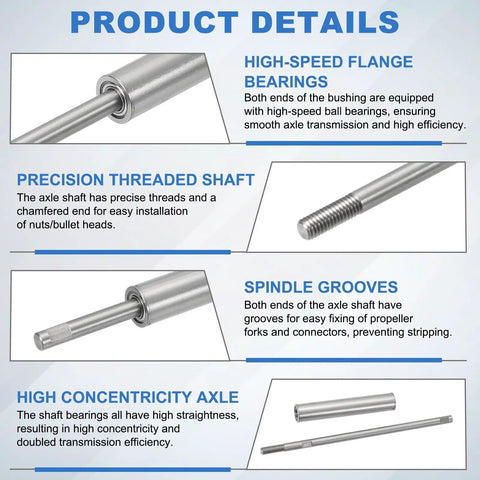 Driveshaft And 4 Blade Stainless Steel Propeller Kit For RC Boats, shown with high-speed flange bearings and precision threaded shaft.