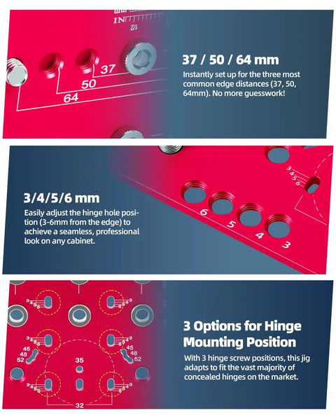 Two In One Cabinet Jig With Eleven Hole Shelf Pin Guide And Concealed Hinge Drill Template showing hinge and hole positions.