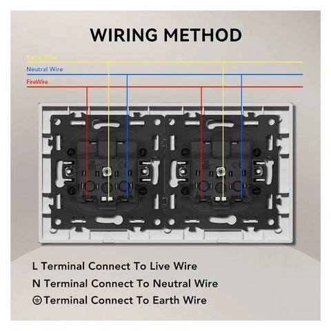Top Shelf EU Standard Electrical Wall Sockets with Waterproof Covers 5 Pack wiring method diagram showing terminal connections.