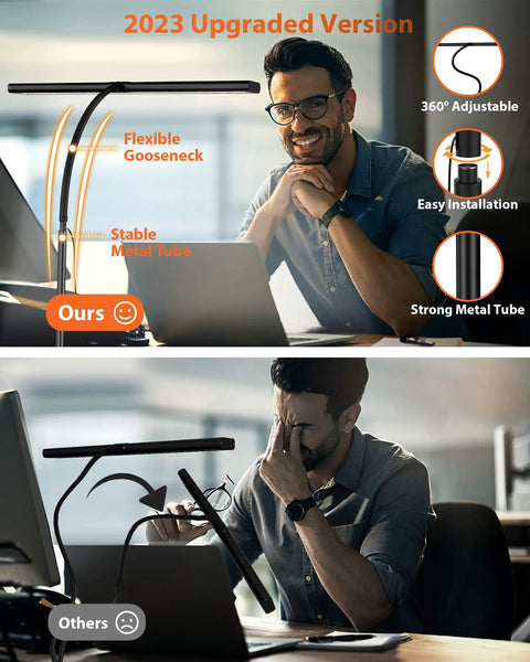Adjustable Clamp Mount Desk Lamp Featuring Three Custom Color Temperatures And Ten Smooth Brightness Levels For Killer Eye Care Reading And No Sweat Desktop Workspace Upgrades Daily with flexible gooseneck and metal tube.
