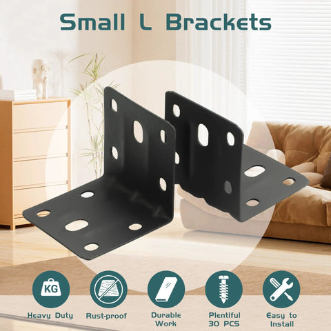 Heavy Duty Black L Brackets 2x2 Inch Steel Angle Supports Rock Solid Corner Braces Kit 10 Pack With 80 Screws Rust Free Furniture Hardware Built Tough For Any Weekend Warrior Build in a living room setting.