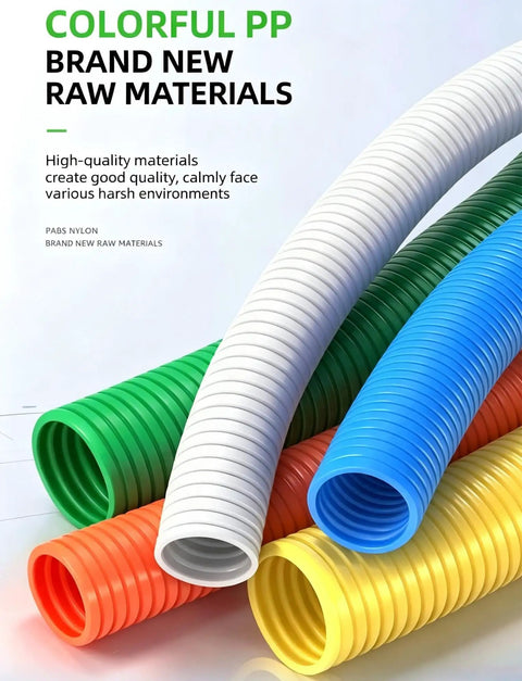 Pro Grade Heavy Duty Flexible PP Corrugated Conduit For No Sweat Wire Routing And Flame Resistant Cable Armor in various colors.