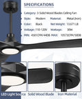 52 Inch Indoor Outdoor Ceiling Fan With Lights And Remote, Matte Black Dope Modern Look With Reversible Blades, specifications