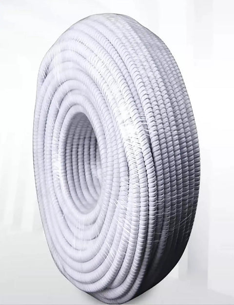 Heavy Duty PVC Coated Flexible Metal Conduit Tough As Nails Corrugated Electrical Wire Hose, slick milk color, coiled for use.
