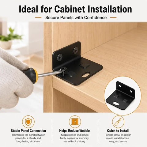 Installing Eight Pack Quick Fitting Furniture Joint Brackets With Screws Heavy Duty Steel Right Angle L Shape Corner Braces on cabinet