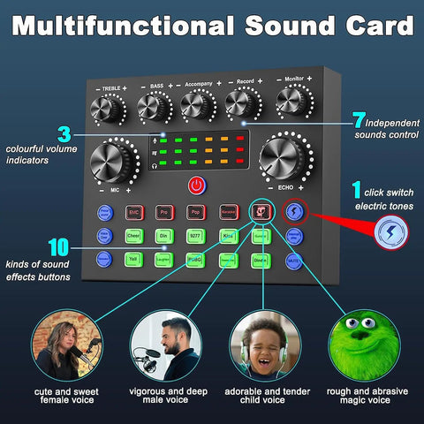 Multifunctional sound card with control knobs and colorful indicators for Podcast Gear Bundle With BM800 Microphone And V8S Voice Changer Condenser Studio Kit.