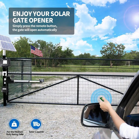 Solar Powered Single Swing Gate Opener For Medium Duty Gates Up To 18 Feet With AC Power, Solar Panel Kit, And Remote Control