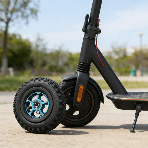 200x50 Electric Skateboard Wheel For Electric Scooter With Pneumatic Off Road Tire Aluminum Hub 8mm Or 10mm Axle Hole Rubber Tread For Rough Terrain Blue next to a scooter.