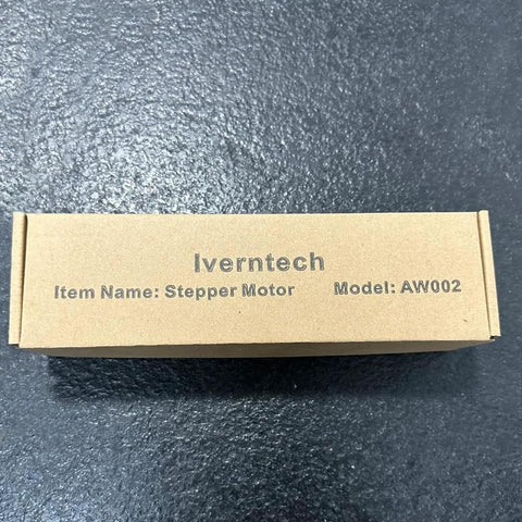 Packaging box for NEMA 17 stepper motor with lead screw by Iverntech, model AW002, on a dark textured surface.