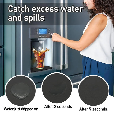 Refrigerator Drip Tray Catcher 2 Pack Cuttable Mats 8.3 By 3.1 Inch shown absorbing cola spill in fridge tray