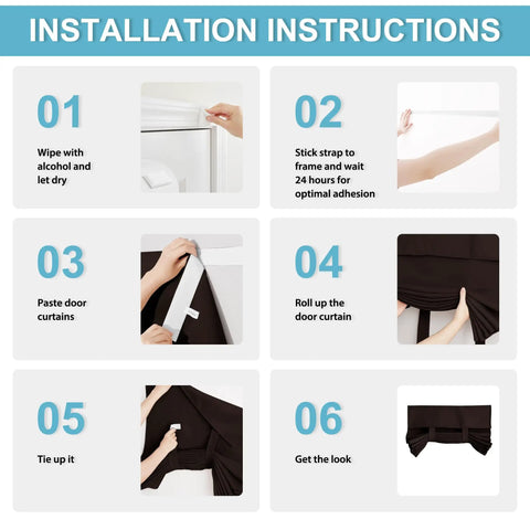 Installation steps for Sightlight French Door Curtains For Privacy And Thermal Insulation, Easy One Minute Install With Adhesive Straps.