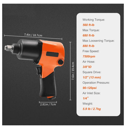 Knuckle Saving Half Inch Air Impact Wrench Generating 880 Ft Lbs Of Raw Torque At 7500 Rpm On An Ultra Light Aluminum Frame side view with specs.