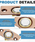 Copper Magnetic Door Ball Catch Set, 8 Pack details with brass case, stainless steel panel, magnetic self-locking, and height adjustable features