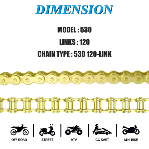 Gold 530 Chain Kit With 120 Links, Universal Fit For 50cc-212cc Motors, showing chain model and uses