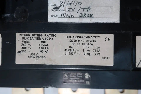 Kick The Heavy Lifting Up A Notch With This Straight Shooter Electronic Trip Circuit Breaker Rated At 1600 Amp 3 Pole And 600 Volt AC To Keep Your Grid Locked In And Deliver Bang For Your Buck Heavy Duty Protection, detailed rating label.