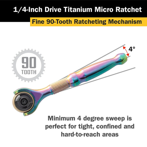 Quarter Inch Drive 90 Tooth Micro Ratchet With Full 252 Degree Swivel Head So You Can Get At Tight Corners Ergonomic Knurled Handle